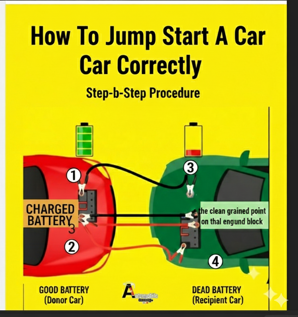 Car jump-start connection guide by Futura Tech Service, authorized battery dealer in Kochi. Step-by-step diagram showing how to safely jump-start a car battery with jumper cables - Futura Tech Service Kochi, Kerala.