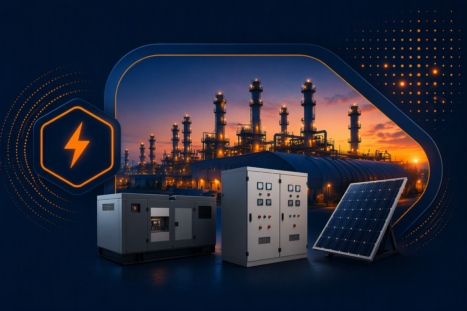 Futura Tech Service power backup electrical and utility services visual with generator UPS switchgear solar and industrial background