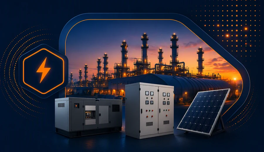 Futura Tech Service power backup electrical and utility services visual with generator UPS switchgear solar and industrial background