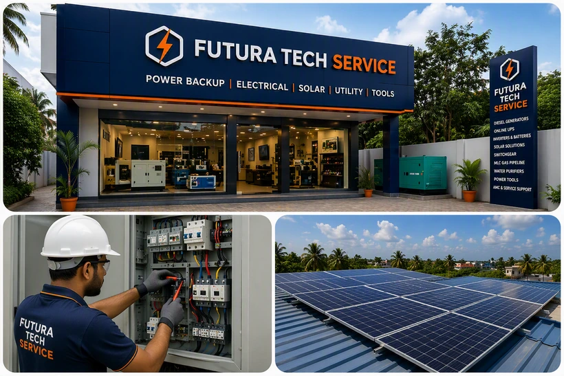 Futura Tech Service showroom in Kochi Kerala with power backup electrical solar and utility solutions